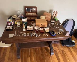 Vintage Watches, Old Library table, miscellaneous jewelry