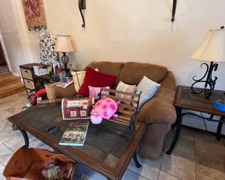Brown loveseat, children’s furniture Stone, top coffee table and matching end tables