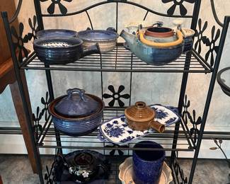 Bakers rack and Pottery