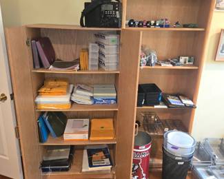cabinet, book shelf and office supplies