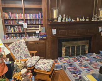 rocker chair, figurines, books