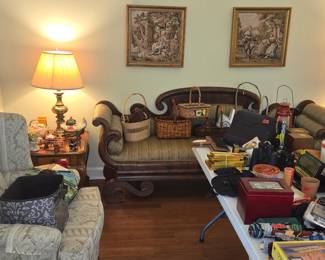 antique sofa, wing back chair