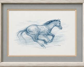 watercolor sketch of a running horse signed Connie Faye