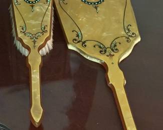 Antique vanity brush and mirror set