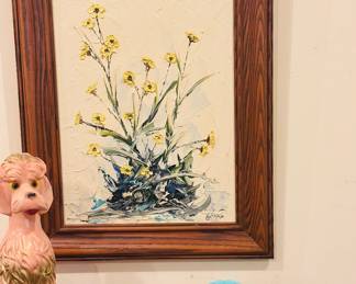 Chalkware Poodle , Retro Art vintage impasto floral oil painting