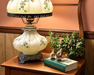 vintage milk glass "Gone with the Wind" (GWTW) style hurricane table lamp with hand-painted floral and butterfly details