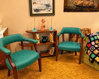 Pair of mid-century style wooden armchairs turquoise upholstery, vintage wooden 3 tier table