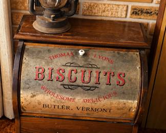 vintage wooden roll-top biscuit box