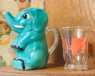 vintage Goebel ceramic elephant creamer, vintage Libbey Glass Company clear juice glass or double shot glass