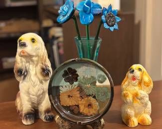 MCM decor, ashtray, chalkware dogs, glass flowers