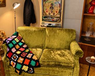 Retro green velvet loveseat authentic Kroehler style , vintage handmade crochet granny square afghan throw blanket