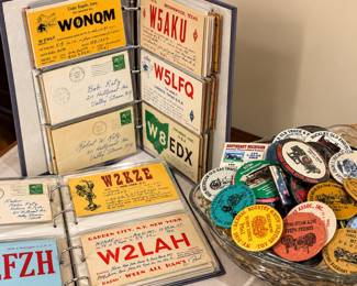 QSL Cards: 1940's QSL cards with amateur radio call signs such as W0NQM, W5AKU, W5LFQ, W8EDX, W2KZE, and W2LAH.