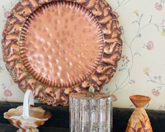 vintage Gregorian solid copper decorative plate, antique silver-plated container or biscuit barrel, a vintage earth-tone studio art pottery vase