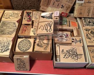 large collection of vintage, wood-mounted rubber craft stamps featuring various botanical, floral, and decorative illustrations. [1] (https://www.etsy.com/listing/4327918532/vintage-wooden-rubber-stamps-travel-mail), [2] (https://www.craigslist.org/view/d/surrey-rare-and-unique-wood-mounted