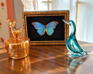 framed Blue Morpho butterfly taxidermy display, Glass Murano Duck, vintage Jeannette Glass marigold carnival glass powder jar