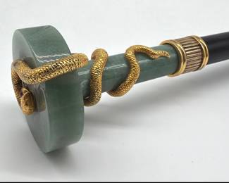 Signed Tatiana Faberge jade and vermeil walking stick with winding serpent