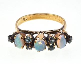 18kt opal and sapphire seven stone ring with side filigree