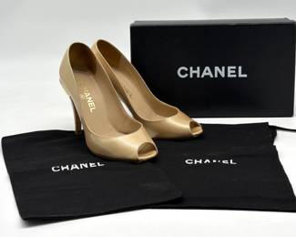 Chanel Chaus Ouvertes light beige patent leather peep toe pumps; size 37