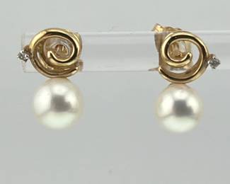 Pair of 14kt pearl, diamond accent earrings