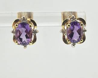 Pair of 14kt diamond and amethyst earrings