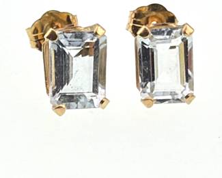 Pair of 14kt, emerald-cut aquamarine stud earrings