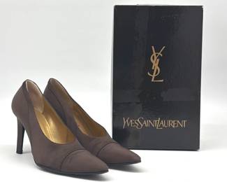Yves Saint Laurent "Garo" satin pumps in chocolate; size 7.5N