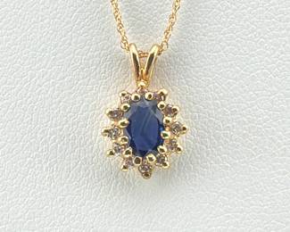 14kt oval shaped sapphire, diamond necklace