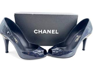 Chanel Chaus Ouvertes navy patent leather peep toe pumps; size 37