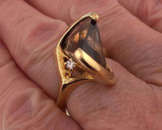 14kt smokey quartz, diamond Modernist ring