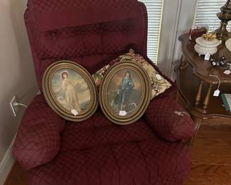 One of a pair of rocking armchairs with vintage  Blue Boy and Pink Lady in frames