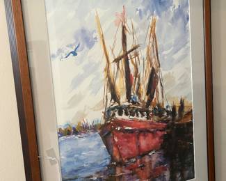 Watercolour of a local shrimpboat by local artist Dr. Rathle