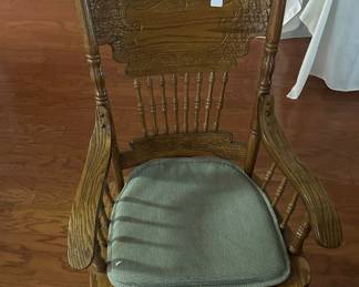 Heavy golden Oak chair - one of six - matching an oval dining table