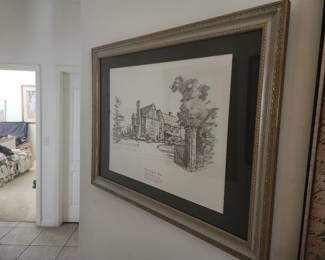 Framed pen and ink drawing