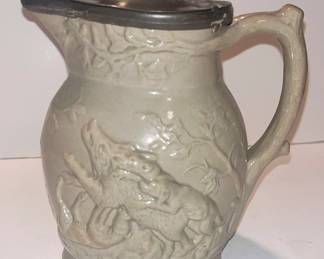 204 Antique Salt Glazed Drabware Pitcher Scene from Robert Burns Poem "Tam O'Shanter" w/ Pewter Hinged Lid (W. Ridgway & Co.)