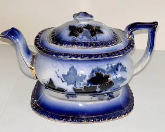 266 Flow Blue Porcelain Teapot w/ Lid & Underplate