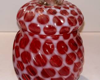 132 Fenton Cranberry Opalescent Coin Dot Glass Biscuit Jar w/ Clear Knob & Lid