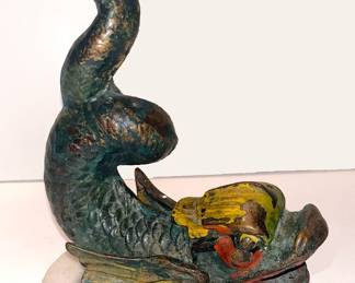 206 French Bronze Painted Statue of Serpent/Koi/Mythical Beast on White Marble Base
