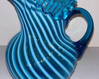 71 Fenton Blue Opalescent Swirl Water Pitcher w/ Ruffled Rim