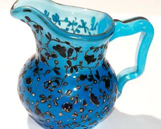 163 Antique Turquois/Blue Hand-Blown Glass Creamer, Hand-Painted w/ Black & Gilt Floral Enamel (1900)