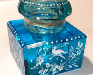184 Peacock Blue Glass Inkwell Enamel Bird/Floral (Mary Gregory Style)