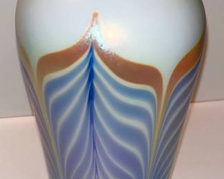 145 Iridescent Vase w/ Pulled Feathered Design (Lg.) & Wooden Stand (Mindscape Studio)