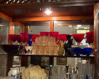 Stemware, ruby glass and cobalt glass fruit bowls