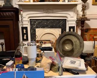Mantle clock, mercury glass, arts & crafts candlesticks, silver platters
