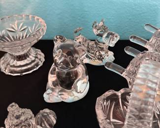 **Princess House Crystal Figurines** – Collection of Princess House crystal figurines including a clown, teddy bear, and animal figures, along with additional Princess House crystal decorative pieces. A wonderful addition to any Princess House or crystal collection. Items sold individually unless noted.