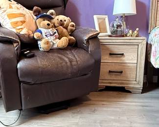 Bedroom Furniture Collection – Leather recliner, two-drawer nightstand, glass table lamp, framed mirror, teddy bears, and decorative accessories. A coordinated collection for a bedroom or guest room. Items sold individually unless noted.