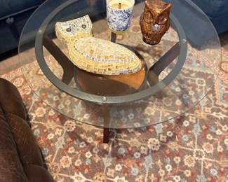 Glass side table, deocrative owl figurines