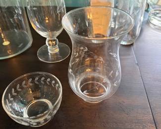 **Princess House Crystal Hurricane Candle Holder** – Princess House crystal hurricane candle holder featuring an etched floral pattern, flared scalloped rim, and pedestal base. An elegant accent for candles, floral arrangements, or display as part of a Princess House crystal collection. Sold as found.