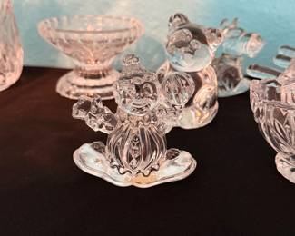 **Princess House Crystal Figurines** – Collection of Princess House crystal figurines including a clown, teddy bear, and animal figures, along with additional Princess House crystal decorative pieces. A wonderful addition to any Princess House or crystal collection. Items sold individually unless noted.