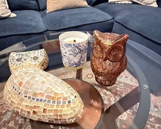 Decorative mosaic owl figurine, ceramic owl figurine, and scented candle. A charming assortment of tabletop accents for a living room, bedroom, or office. Items sold individually unless noted.