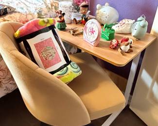 Bedroom Accent Furniture & Décor – Wood side table with metal legs, upholstered swivel accent chair, Barbie wall clock, Pinocchio figurine, lantern-style floral arrangement, and an assortment of decorative accessories. Items sold individually unless noted.